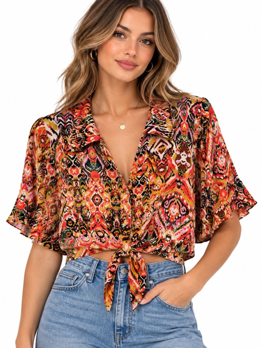 Christian Siriano Ikat Tie Front Crop Blouse Multicolor Size Small